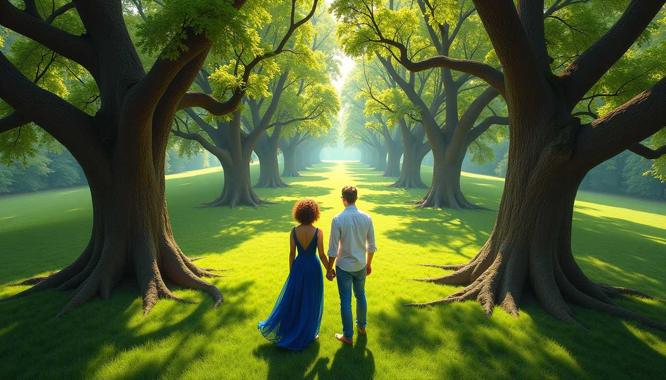 An aerial perspective from a buzzard's eye view, 50 meters high, overlooking a serene park. Below, a man and woman stand amidst a grove of ancient, towering trees including oaks, chestnuts, and maples, their branches stretching wide and casting intricate shadows on the lush green grass. 

**Visual Details:**
- The woman has short, curly brown hair, styled in a playful yet sophisticated manner, wearing an indigo cocktail dress that flows gently in the soft breeze, its color vibrant against the backdrop of the natural setting.
- The man, with dark blonde hair streaked with grey, exudes a casual elegance in a crisp white shirt and blue jeans, his attire complementing the natural surroundings.
- The trees are majestic, with their bark textured in rich browns and greys, leaves of various greens, some tinged with the new growth of spring.

**Style:**
- The scene is painted with a fusion of Artgerm's sleek, modern aesthetic and Rubens' lush, detailed baroque style, creating a magical, almost otherworldly atmosphere.

**Composition:**
- The composition centers on the couple, framed by the sprawling branches overhead, with the park extending outwards, providing depth and a sense of scale.

**Mood and Atmosphere:**
- It's a bright, sunny day in May, the light filtering through the leaves creates a dappled effect on the ground. The air is filled with a sense of wonder, enhancing the fantasy element of the scene, evoking a 'wow' effect with its unexpected beauty.

**Technical Aspects:**
- The image employs chiaroscuro to highlight the contrast between light and shadow, enhancing the magical ambiance. The perspective mimics a high-angle lens shot, emphasizing the grandeur of the natural setting.

**Cohesion:**
- Every element, from the characters' attire to the park's flora, harmonizes to create a seamless blend of realism and fantasy, where nature's grandeur meets human elegance in a breathtaking tableau.