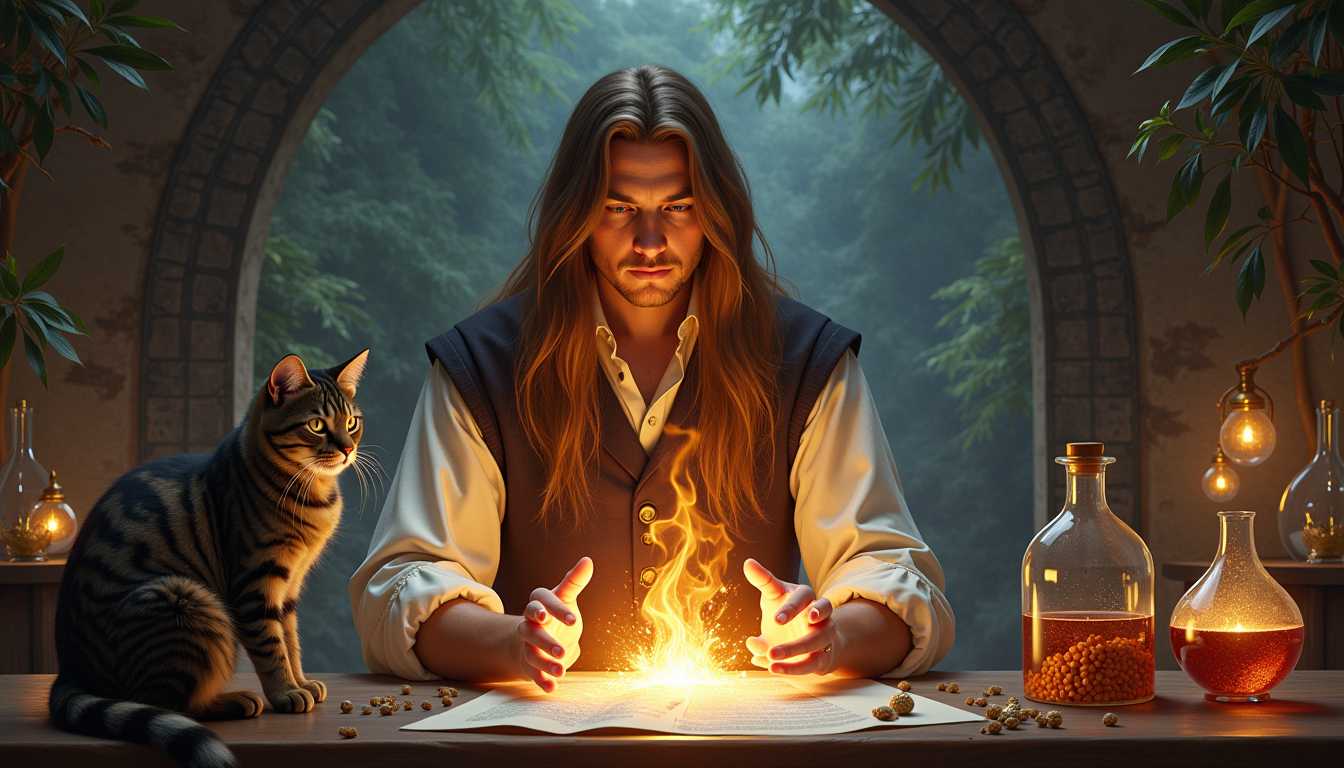 Sam Timeless the Sorcerer, brown hair cascading long, conjures a spell, face visible, beside a cat, Fantasy laboratory setting, magical effects radiate from hands, alchemical apparatus spread across grand table, Artgerm meets Rubens in style, 8K resolution, spellbinding magical effects, digital painting.
