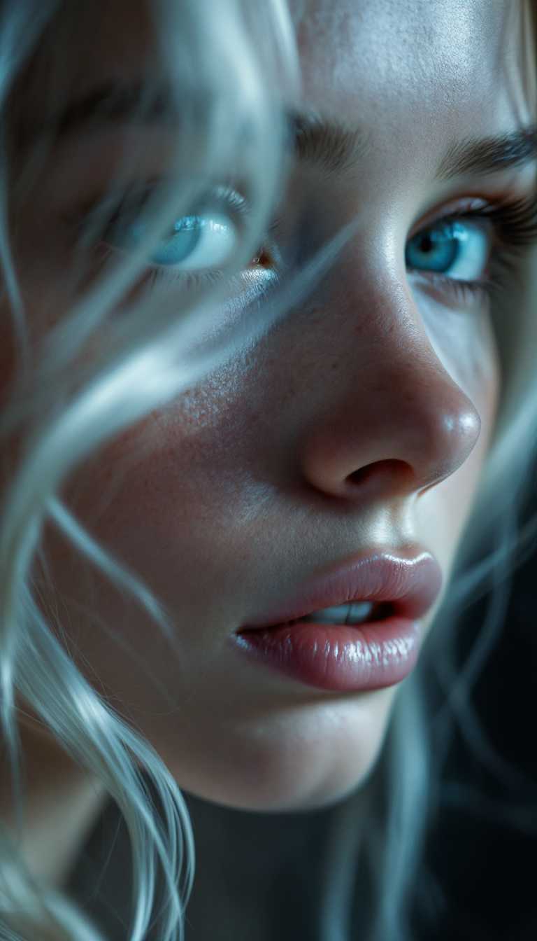 breathtaking professional closeup photo of a 19 yo girl with silver blond long hair, white eyebrows, white eyelashes, pale skin, light freckles, amazing detailed clear ice blue eyes, Hasselblad professional studio photoshoot, light from the side, dark background