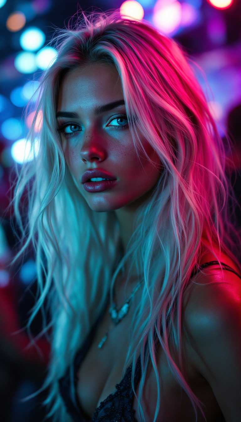 breathtaking professional photo of a 19 yo girl with silver blond long hair, white eyebrows, white eyelashes, pale skin, light freckles, amazing detailed clear ice blue eyes, she is dancing in a techno club at night, colorful led flash lights illuminate the scene, Hasselblad professional  photoshoot, light from the side, bokeh