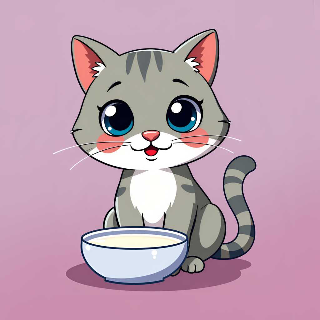 A cartoon cat drinking milk from a bowl