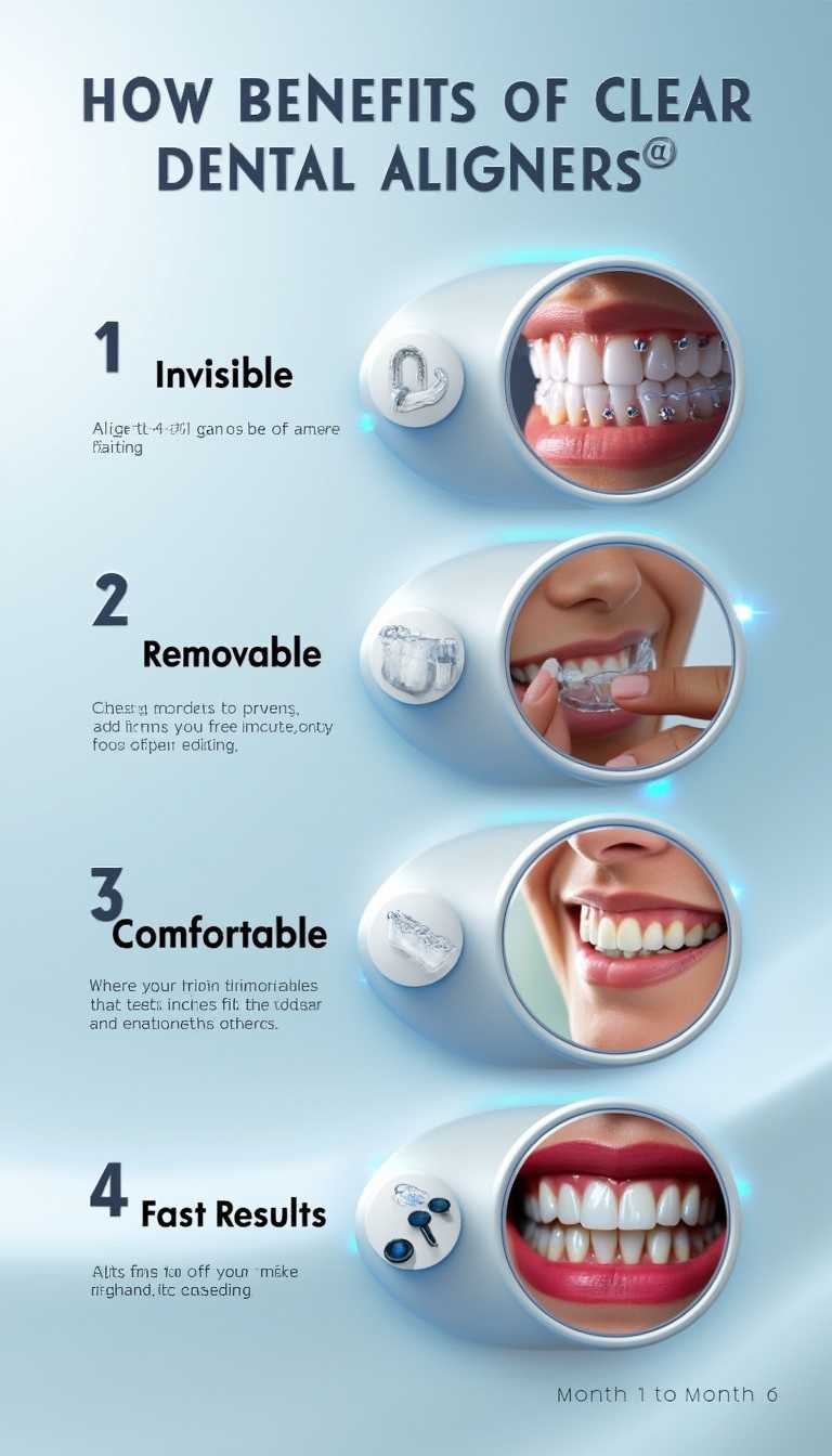 A sleek, modern infographic with a clean white-to-light-blue gradient background, designed to showcase the four key benefits of clear dental aligners. The layout is minimalistic and futuristic, with four visually distinct sections, each featuring a 3D-rendered icon and a realistic illustration:

1️⃣ Invisible – A transparent aligner placed over a set of teeth, blending seamlessly. A soft light reflection highlights its clarity.
2️⃣ Removable – A person gently taking off the aligner before eating, emphasizing flexibility and convenience. The background subtly fades to focus on the aligner.
3️⃣ Comfortable – A close-up 3D render of the aligner’s soft, smooth edges, with a glowing effect highlighting its snug and irritation-free fit.
4️⃣ Fast Results – A side-by-side before-and-after visual of teeth, with a subtle timeline (‘Month 1 to Month 6’) to illustrate gradual improvement.*