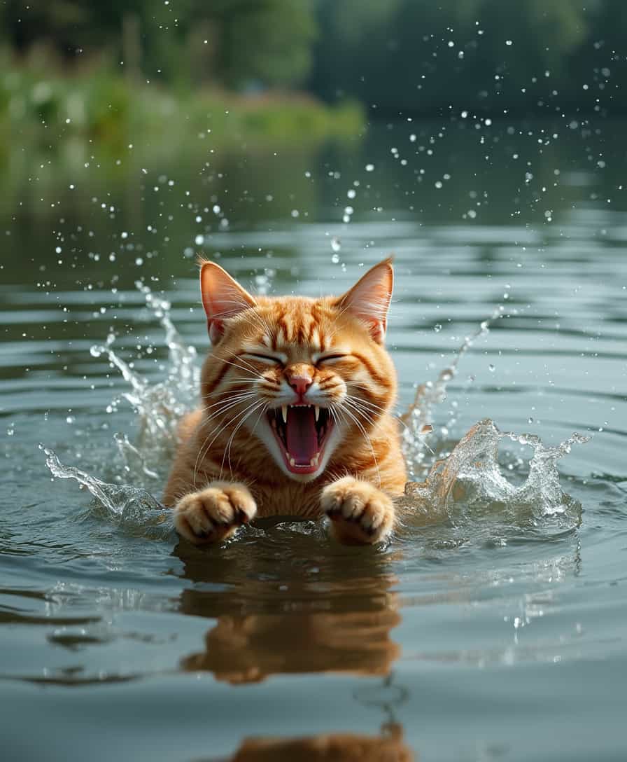 An orange cat is in the middle of a lake, screaming in panic while flailing its legs. Its fur is soaked, sticking to its body, and its eyes are wide with fear. The cat’s paws thrash above the water as it struggles to stay afloat. The lake’s surface ripples around the cat, with splashes of water flying into the air. The background shows the calm lake shore lined with green reeds and trees, contrasting with the cat’s distress.