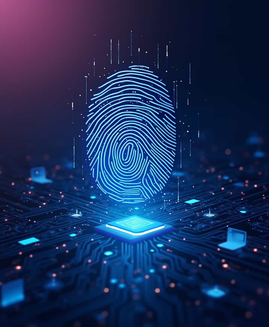 Create a futuristic, high-contrast cover image for a digital fingerprint-themed infographic, featuring a stylized, glowing blue fingerprint at its center, set against a dark, gradient background that transitions from deep purple to black, evoking a sense of technology and secrecy. The fingerprint's lines and ridges are embellished with tiny, shimmering circuits and microchips, symbolizing the intersection of human identity and digital data. In the surrounding space, subtle, ghostly impressions of digital devices, such as smartphones and laptops, are faintly visible, hinting at the omnipresence of technology in modern life. The overall aesthetic is sleek, modern, and slightly ominous, with bold, geometric shapes and clean lines dominating the composition. The color palette is predominantly dark blues and purples, with flashes of bright, electric blue to represent the digital realm.