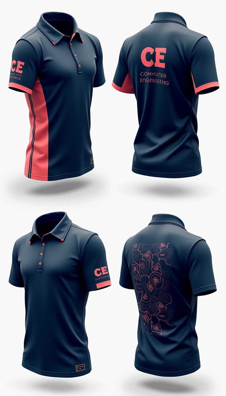 
A modern and stylish polo shirt representing Computer Engineering and Artificial Intelligence. The primary color is navy blue, with soft pink, orange, or white accents. On the front, a sleek and minimalistic design features the letters 'C' and 'E' arranged vertically on the side, symbolizing 'Computer Engineering.' The side view showcases a dynamic stripe or abstract tech-inspired pattern blending the secondary colors. The back of the shirt includes an AI-themed graphic, such as a neural network, circuit patterns, or connected nodes, representing intelligence and technology. The shirt has a ribbed collar, short sleeves with stylish accents, and a modern fit. Display the design from the front, side, and back angles.