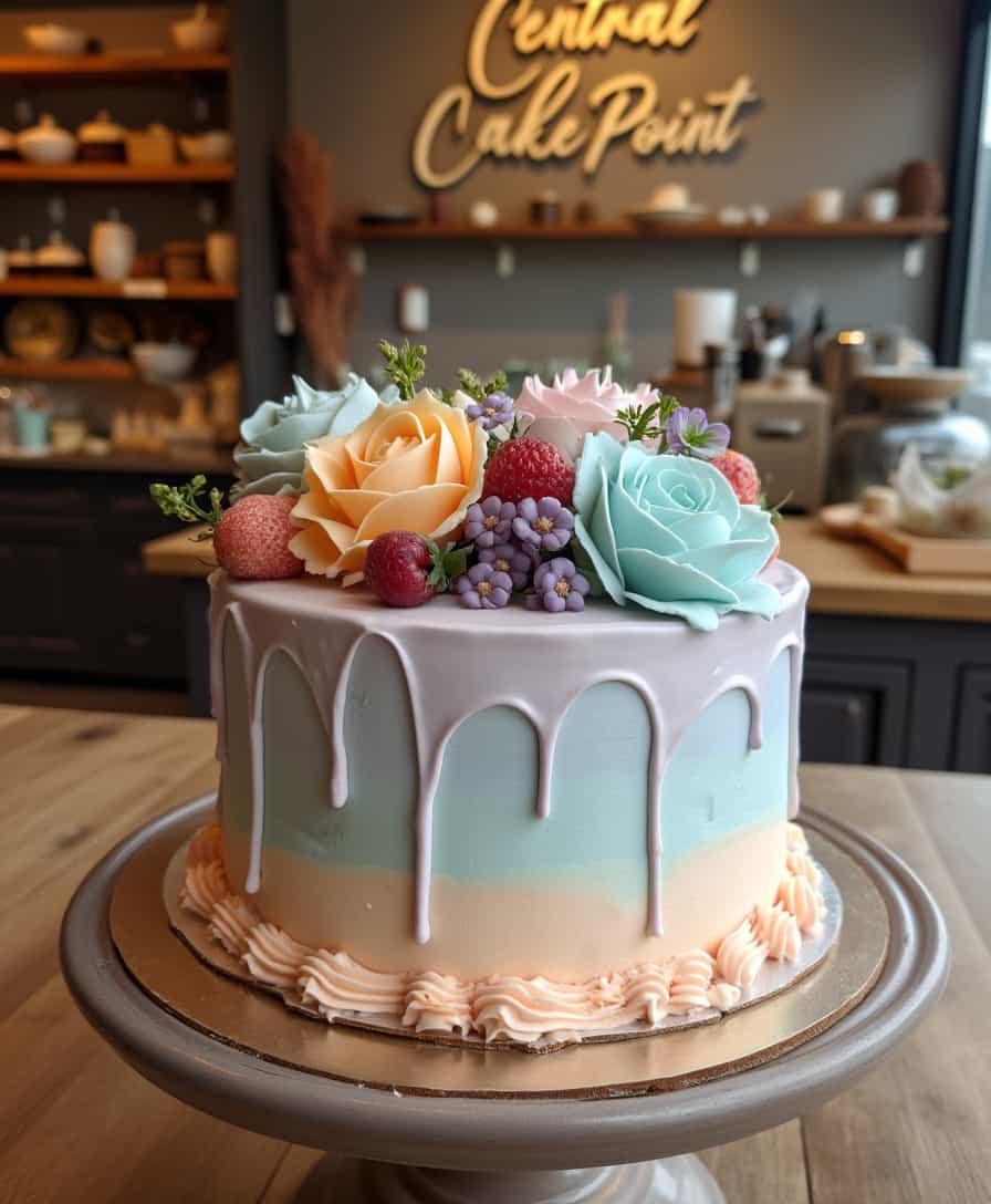 A stunning birthday cake with a natural, soft pastel color theme, featuring smooth and fluffy buttercream frosting. The icing is gently swirled with a gradient effect, blending two or more soft colors like lavender and peach or sky blue and white. The decorations include realistic edible flowers, fresh berries, or a light chocolate drizzle, enhancing its handcrafted feel. The texture appears rich and moist, with a slightly visible layered cut on the side. The background is a cozy bakery setup with warm lighting, where the text 'Central Cake Point' subtly blends into the wall without being too prominent. The cake should look elegant, appetizing, and naturally made, avoiding any overly glossy or artificial effects.
