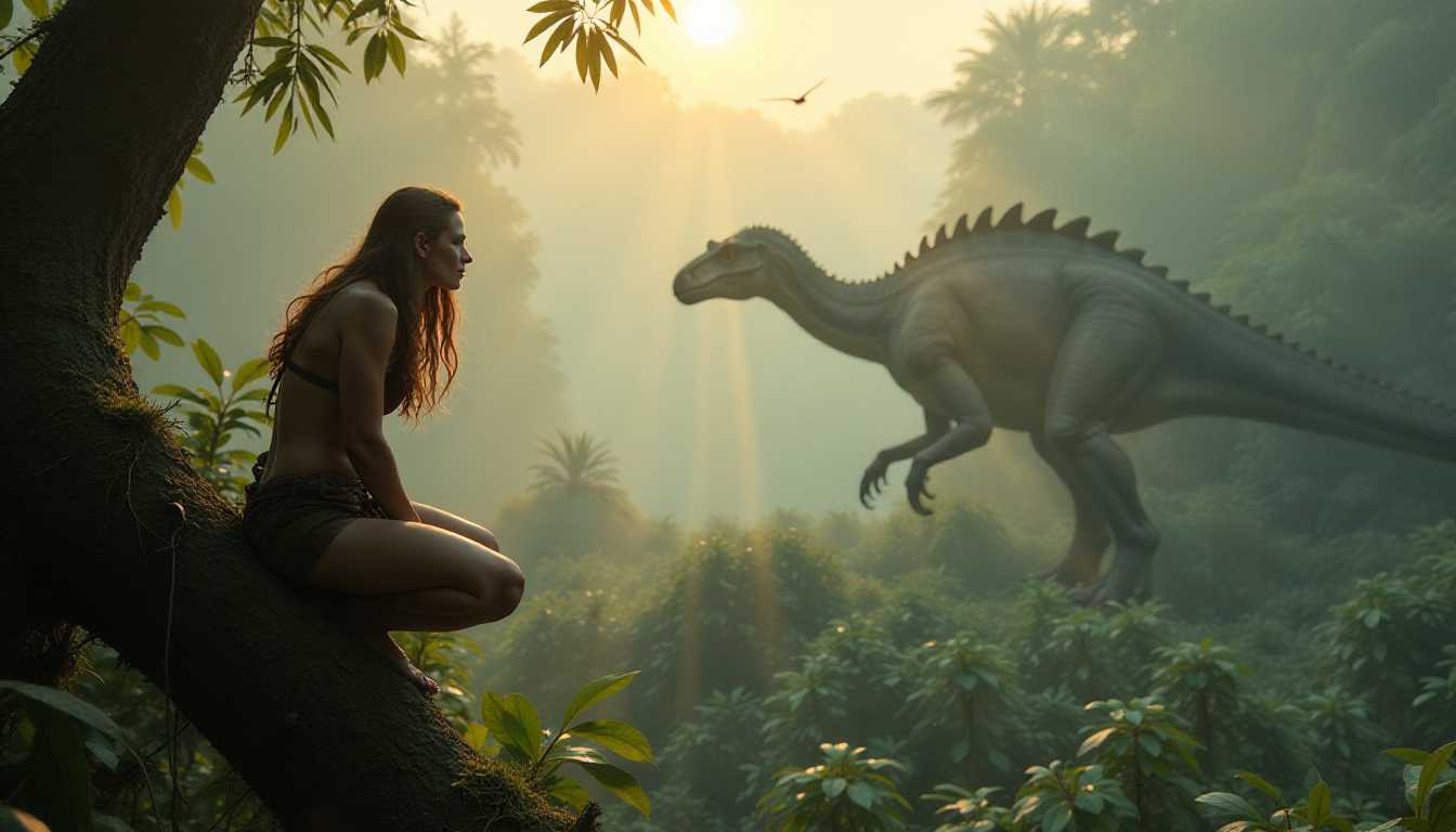 cinematic photo, medium long shot from slightly below, a wild jungle woman kneels barefoot on a thick, mossy tree branch high above a fog-filled rainforest. Her muscular frame is wrapped in worn animal-hide and vines, long hair flowing in the wind. In the forest clearing below, a massive therizinosaurus moves slowly through the jungle mist—its long curved claws brushing against ferns, feathered body half-glimpsed through shafts of morning light. Its silhouette is haunting and alien, like a forgotten god of the jungle. Jungle birds scatter around it. Warm sunrise glow, golden fog beams, cinematic depth, shallow DOF, photoreal, 16K, dramatic and surreal mood.