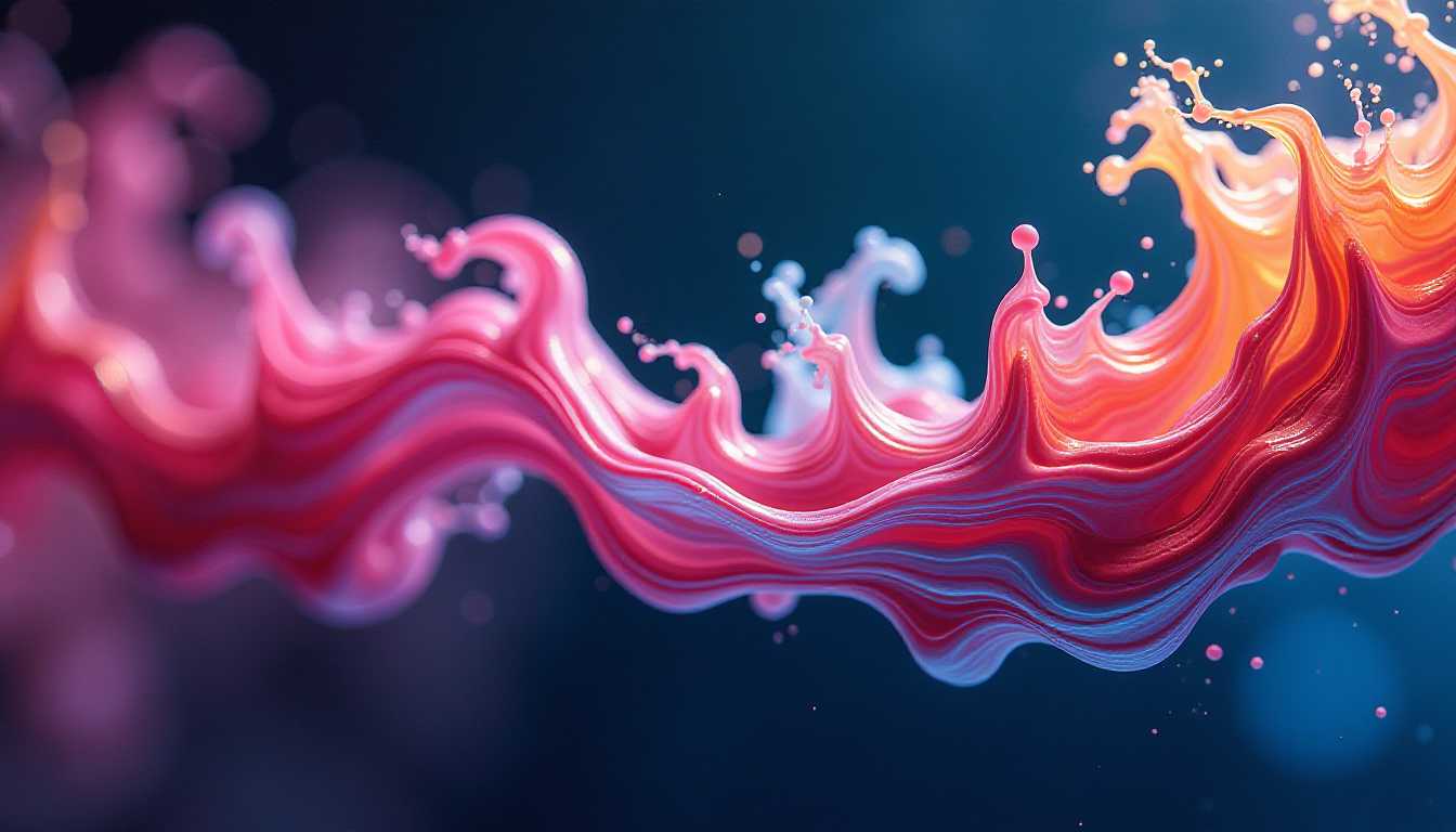 abstract design, fluid swirls of glass-like colorful ink suspended in water, captured in high-speed photography. Vivid magentas, blues, and soft golds twisting in slow motion against a dark, blurred background. Smooth gradients and soft diffusion. No focal object, just flowing organic motion. Perfect for a desktop wallpaper. Cinematic lighting, ultra-high resolution, 16K.