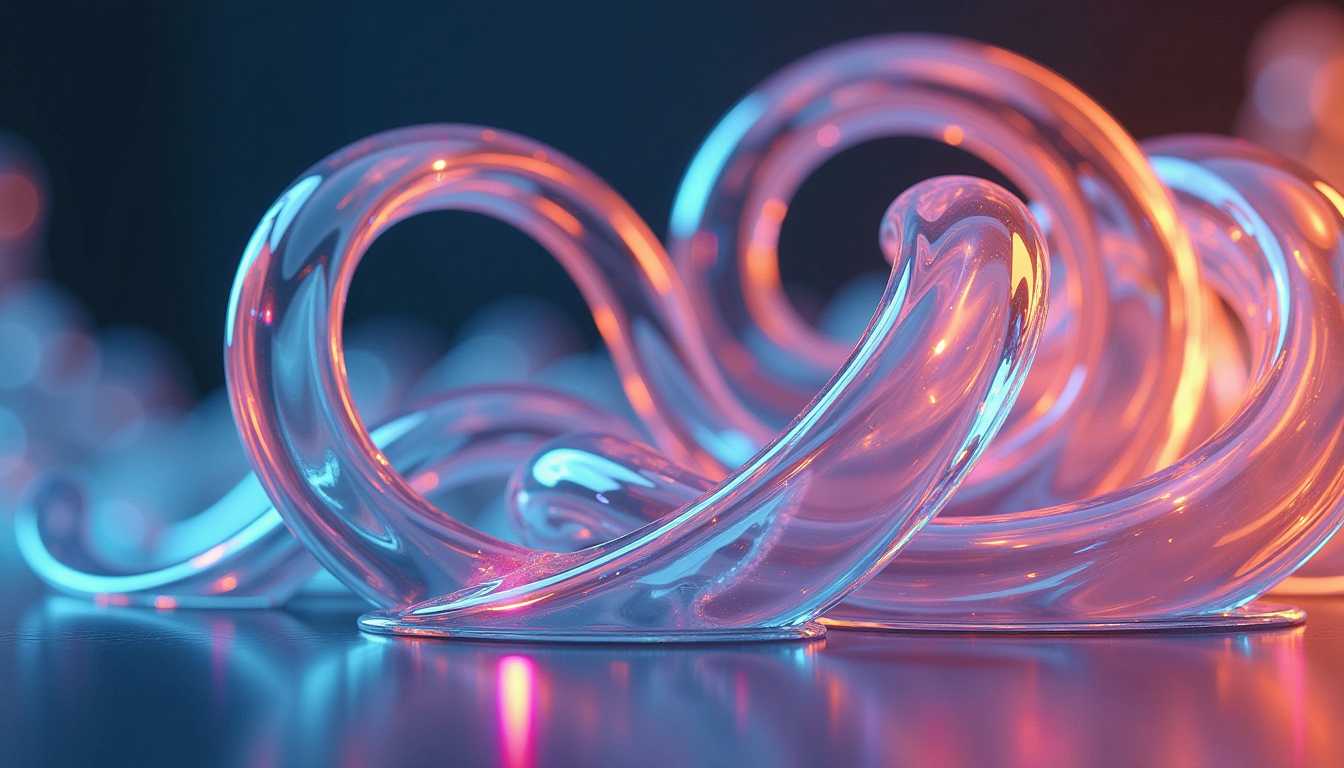 abstract wallpaper design, smooth flowing tentacles made of semi-transparent, glass-like material curving and twisting in an organic formation, wrapping around a naked super-model woman. The glass surfaces reflect and refract vibrant colors—electric blues, soft pinks, amber, violet—creating subtle rainbow highlights. Background softly blurred in dark neutral tones, enhancing contrast and glow. Light sources reflect dynamically across curved surfaces, like blown crystal in motion. No focal object, just fluid motion and color harmony. Ideal for a desktop wallpaper, ultra-high resolution, cinematic lighting, 16K.

