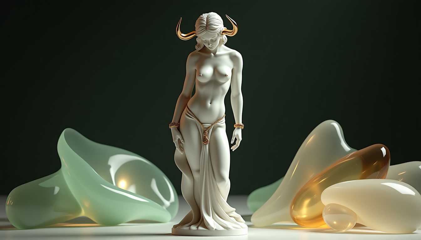 centered naked female figurine representing the Taurus zodiac sign, sculpted in polished white marble with smooth, flowing curves. She stands with calm strength, head slightly bowed, adorned with elegant gold accessories—curved bull horns, a thin waist chain, and ornate wrist cuffs. Surrounding her are abstract, semi-transparent glass-like structures in soft, flowing shapes, reflecting subtle hues of green, gold, and cream. Soft light refracts through the glass forms, casting glowing highlights on the marble. Background is minimal, dark and blurred to enhance contrast. Cinematic, elegant, ultra-detailed, 16K, 16:9 ratio, perfect as a desktop wallpaper.