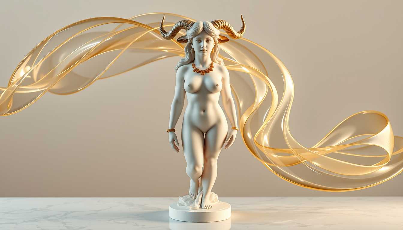 centered naked female figure representing the Taurus zodiac sign, sculpted in smooth white marble, standing confidently with a serene expression. She wears elegant gold accessories: curved bull horns, fine jewelry around her waist and wrists, and delicate nose ring. Behind her, dynamic, swirling ribbons of transparent, glass-like material arc and spiral through the air, flowing outward in graceful curves like slow-motion waves or frozen wind. These forms subtly reflect hues of gold, pale green, and champagne, catching ambient light. Background is minimal and softly blurred. Light glows through the glass forms, casting reflections onto the marble surface. Cinematic, elegant, high-detail, 16K, 16:9 ratio, designed as desktop wallpaper.