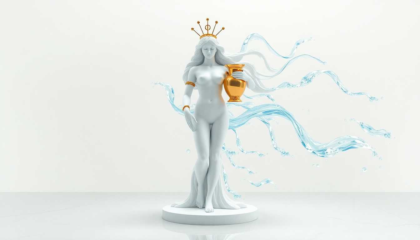 centered naked female figure representing the Aquarius zodiac sign, sculpted in smooth white marble, standing with one knee slightly bent, holding a flowing amphora made of gold. From the amphora, streams of liquid-like glass spiral upward into the air, suspended mid-motion—shimmering in translucent blues, silvers, and pale turquoise. Her gold accessories include a narrow crown resembling radiating energy lines, and spiral arm cuffs. Her long hair appears to flow upward with the motion of the water. The surrounding atmosphere is light and airy, with soft ethereal glow and clean, celestial minimalism. Marble reflections mix with the glass water streams, creating a floating, luminous effect. Elegant, futuristic, calm but radiant. Ultra-detailed, photorealistic.
