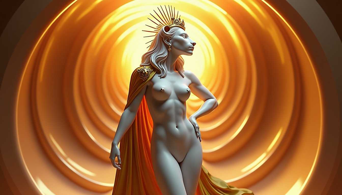 centered naked lion-female figure representing the Leo zodiac sign, sculpted from smooth white marble, standing tall in a commanding pose with one hand on her hip and her head held high. Her long hair flows like a mane, partially adorned with sculpted golden lion motifs and a radiant golden crown resembling sun rays. A golden cloak flows from her shoulders, draped but weightless. Behind her, swirling glass-like structures arc in wide, fiery curves—semi-transparent and glowing softly in gold, amber, and warm rose tones. Light radiates outward like a solar burst, casting dynamic reflections onto her marble body. The background is deep and regal, subtly lit to emphasize her presence. Majestic, powerful, photorealistic, ultra-detailed.