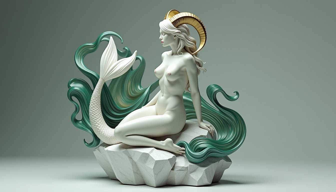 centered naked female mermaid-figure representing the Capricorn zodiac sign, sculpted in white marble, kneeling on one knee atop a jagged marble rock formation. Her upper body is strong and statuesque, adorned with golden horn-shaped headgear that curves backward like a mountain goat. Her lower half transitions into a smooth, scaled fishtail, also marble, curled elegantly around the base of the rock. Flowing behind her are swirling glass-like ribbons in deep green, sea-blue, and muted gold, mimicking ocean currents and mountain winds entwined. Light reflects off the surfaces with soft, ambient shimmer. The atmosphere is calm and reverent, the background subtle and minimal. Photorealistic, elegant, mythical, ultra-detailed.