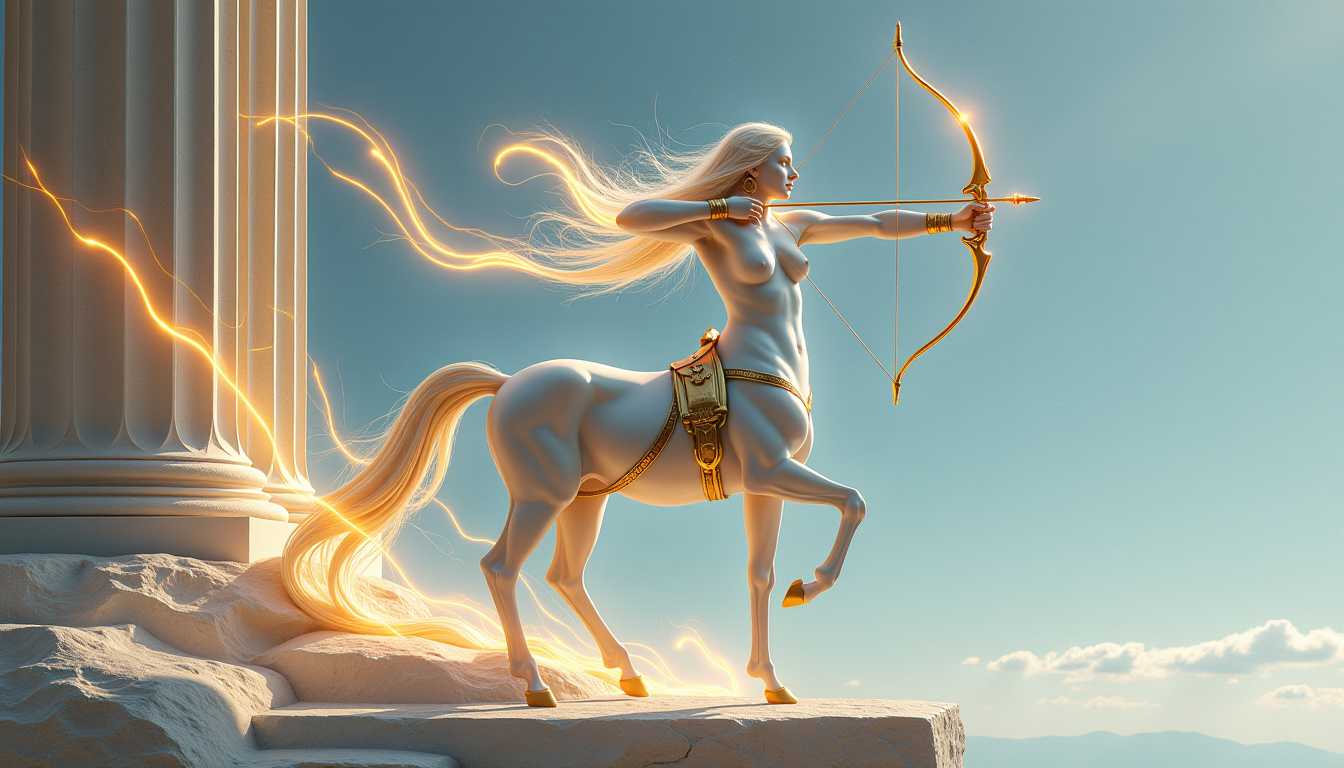 centered naked female figure representing the Sagittarius zodiac sign, sculpted from smooth white marble. She stands poised with one knee raised on a stone ledge, aiming a sleek, golden longbow upward into the distance. Her body flows seamlessly into the form of a centaur—elegant marble horse legs beneath her. Golden accessories include arm bracers, a quiver across her back, and subtle star-shaped earrings. Around her, dynamic, glass-like energy ribbons spiral in arcing motion trails—like paths of fired arrows—glowing faintly in amber, violet, and deep indigo. A sense of wind and motion fills the scene. The background is minimal but subtly radiant, suggesting sky and open space. Mythic, free-spirited, cinematic, ultra-detailed, photorealistic.alistic, elegant, mythical, ultra-detailed.