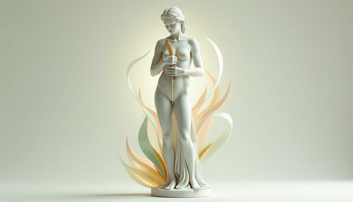 full-figure naked female figure representing the Virgo zodiac sign, sculpted in smooth white marble. She stands in a serene, modest pose inspired by classical virgin statues—feet together, arms gently crossed at her chest, head slightly bowed. Her form is fully visible, wrapped in a delicately carved marble robe with soft flowing folds, and a faintly veiled texture over her hair and shoulders. A single golden wheat stalk rests against her chest, held in both hands. Surrounding her, elegant glass-like ribbons swirl in soft arcs behind and around her lower body—transparent and glowing faintly in pale gold, ivory, and sage green, echoing natural motion and divine grace. Background is clean and softly lit, emphasizing harmony and stillness. Photorealistic, ultra-detailed, graceful, and cinematic.
