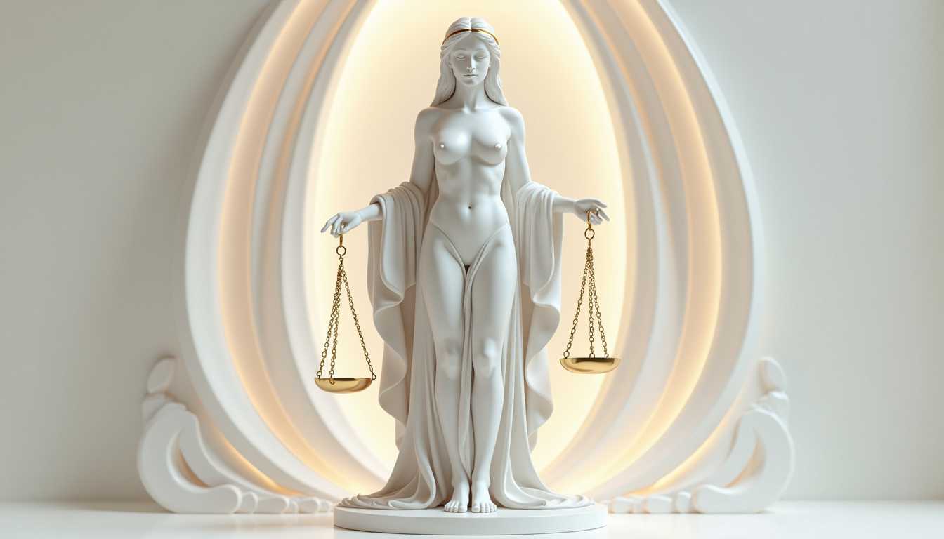 full-figure naked Photorealistic digital artwork, full-body female figure representing the Libra zodiac sign, sculpted in flawless white marble. She stands tall and centered with perfect posture, arms gently outstretched to either side. In each hand, she holds a small, gleaming golden scale suspended by delicate chains, perfectly balanced. Her face is serene, eyes closed, expression calm. A thin golden circlet rests across her brow. She wears a flowing, minimalist marble robe with gentle folds, carved in elegant symmetry. Around her, ethereal glass-like ribbons arc in mirrored curves behind her body, translucent and softly glowing in tones of ivory, pale rose, and platinum. The background is clean and softly lit, evoking sacred geometry and harmony. Photorealistic, ultra-detailed, graceful and timeless.