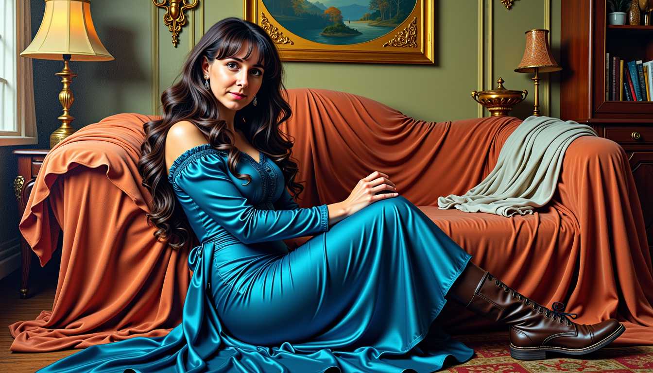 MO-LoRA, MO-LoRa-Zip3, MOpure12I, MO-LoRa-Multi, MO-LoRA-ZipTotal, A 16k classic oil painting in a massive scale TOKVanessaMO as Lara Lovegood as a seductress in a vibrant, complimentary color palette. She wears an indigo blue vintage silk dress and weathered leather boots, her hair styled in long, permed 80s curls with bangs. The scene is complex and multi-layered, merging Artgerm, Rubens, and Remedios Varo styles, featuring faded artifacts and toy motifs. Volumetric lighting with lens glow creates a heroic, whimsical, gothic atmosphere, rich in texture and brushstrokes.