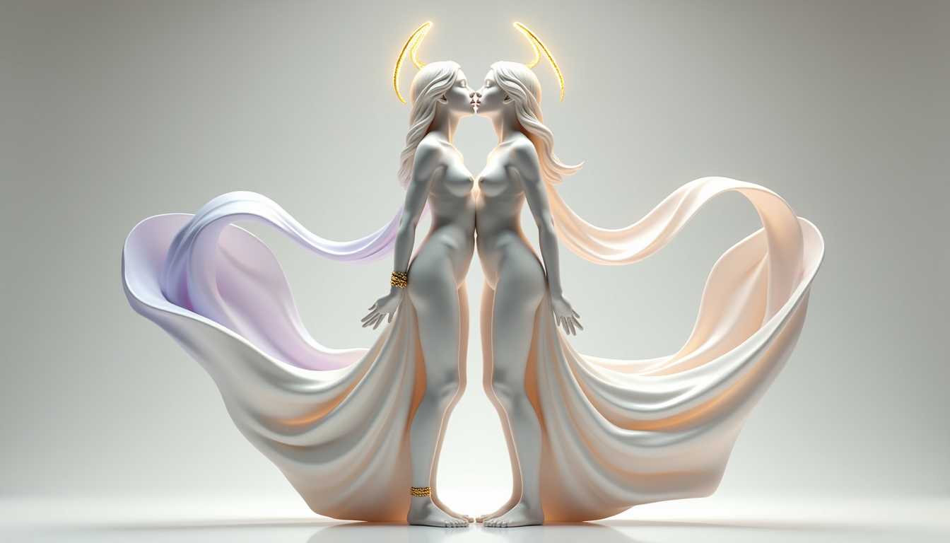 centered naked standing female figure representing the Gemini zodiac sign—depicted as twin marble women, kissing in perfect symmetry. Both are sculpted in smooth white marble, their bodies identical yet posed with subtle contrast: one gazing upward, the other downward. They wear matching minimalist robes carved into soft flowing marble, and share a single, delicate golden halo that encircles both heads. Gold accents include mirrored armbands and twin anklets. Around them, dynamic, glass-like ribbons swirl in mirrored arcs—flowing in opposite directions—glowing faintly in soft lavender, pale sky blue, and gold. The background is soft and neutral, emphasizing duality and reflection. Photorealistic, ultra-detailed, ethereal and balanced.