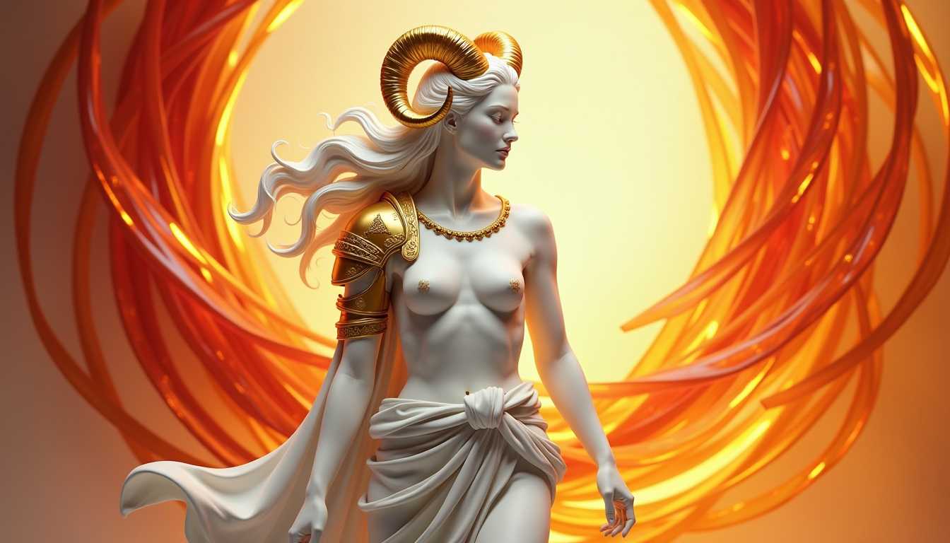 full-frame full-figured centered standing naked female figure representing the Aries zodiac sign, sculpted from smooth white marble in a strong, forward-leaning stance—one foot stepping ahead, shoulders squared, head raised confidently. Her expression is fierce yet composed. She wears elegant golden ram horns spiraling from her head, and gold shoulder armor with minimalist engravings. A flowing marble sash wraps around her waist like a battle standard, caught mid-motion. Surrounding her are dynamic, flame-like glass ribbons, twisting with energy in arcs of translucent red, amber, and gold—evoking raw fire and motion. Light refracts dramatically across her figure, casting warm reflections. The background is softly lit but infused with a sense of power and movement. Photorealistic, ultra-detailed, bold and radiant.
