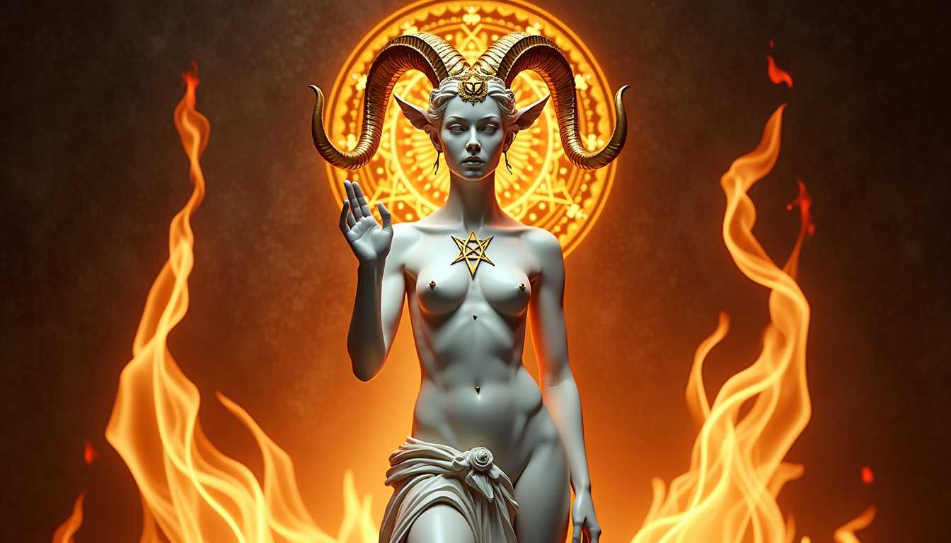 full-body longshot sitting naked female statue of a divine Baphomet figure, sculpted from smooth white marble with a harmonious blend of masculine and feminine features. The figure stands confidently, one hand raised in a blessing gesture, the other lowered—symbolizing duality and balance. Large, curled golden goat horns rise from the head like a crown, and a golden inverted pentagram is engraved on the forehead. A flowing marble cloth is draped across the hips, exposing the chest, adorned with subtle golden piercings. Behind the figure, an intricate golden sigil-like ornament radiates outward like a celestial sun.
Swirling glass-like ribbons rise around the statue in the form of fire—arching upward in flame-like motion, transparent and glowing with shades of amber, deep red, and molten gold. These ethereal glass flames curve and twist like slow-motion embers frozen in time, casting soft reflections across the marble. The background is dark, warm, and subtly illuminated by the fiery glow. Photorealistic, ultra-detailed, regal and mythic.

