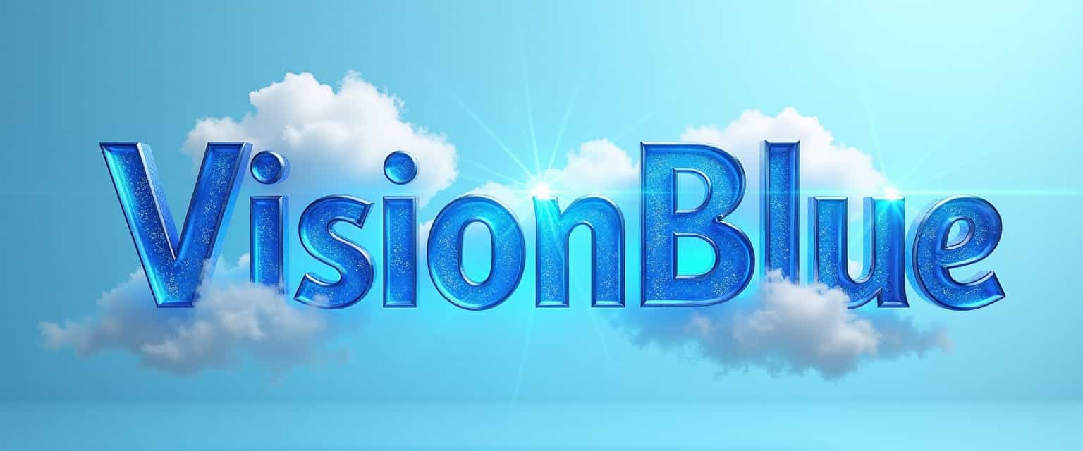 A bold word in capital letters “VisionBlue” with an intricate and surreal texture reminiscent of a blue translucent glass with an inner blue glow. The structure of the letter should appear glassy, as if molded from freshly cast glass, with realistic shiny details, royal blue hues. The letter should contain subtle glowing areas and delicate shadows to enhance the realism. The background should be a clean, light blue neutral tone to highlight the letters. Various white clouds float below and above the letters. The image conveys a sense of divine creation with an overwhelming radiance.