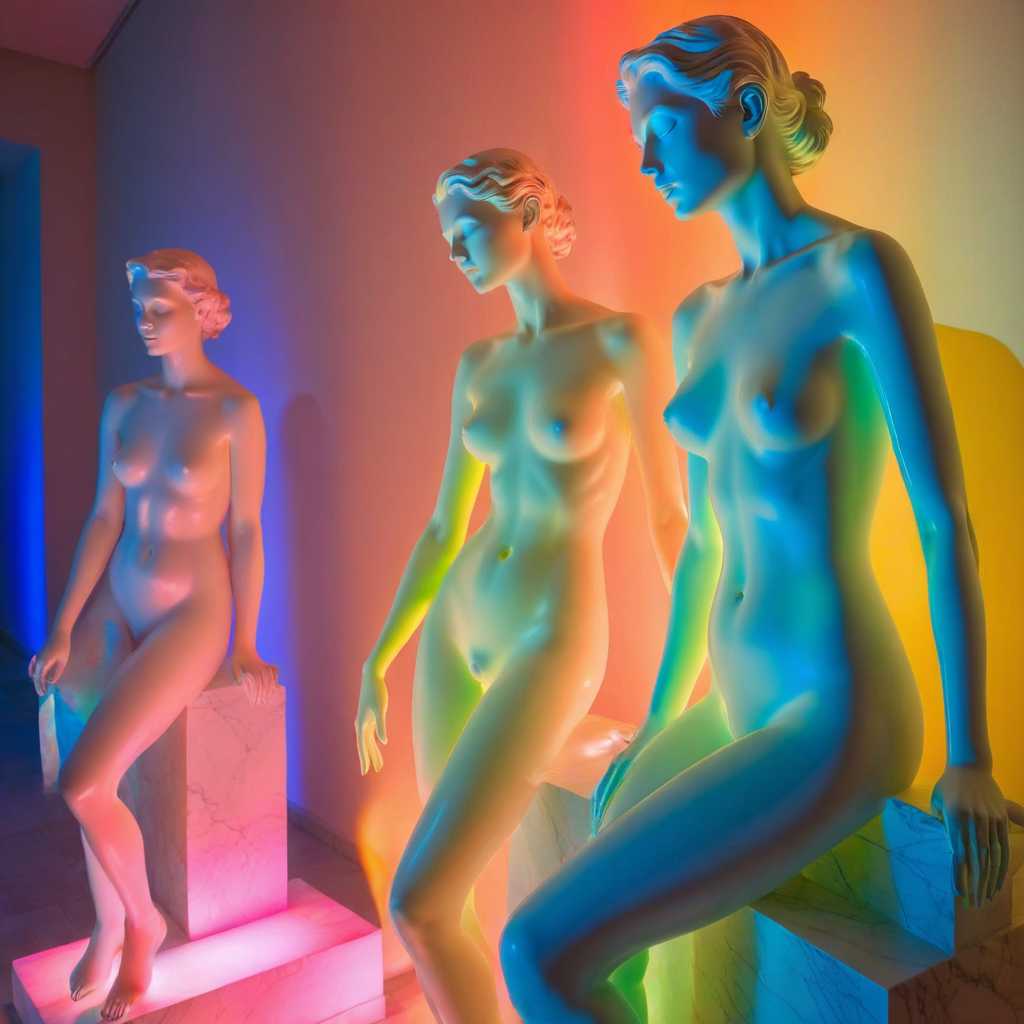 beautiful nude woman, marble sculptures, art museum, colored light, colored shadows, colorshift style 