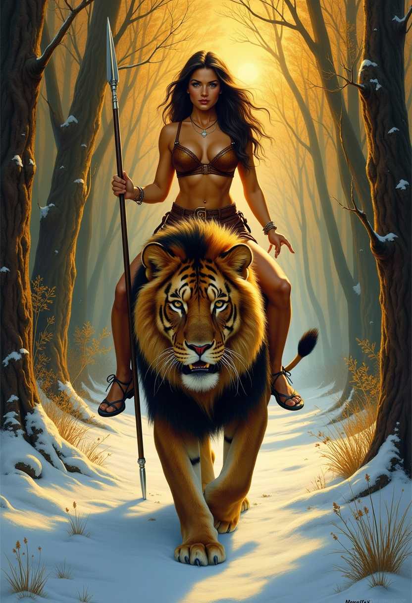 a beautiful, voluptuous fr4z3tt4 woman with a spear, wearing a leather halter-top rides a single solo sabretooth striped bengal lion through a jungle, masterpiece by Frank Frazetta, best quality, detailed oil painting, striped lion, winter, sunset lighting, jungle path, solo lion, woman