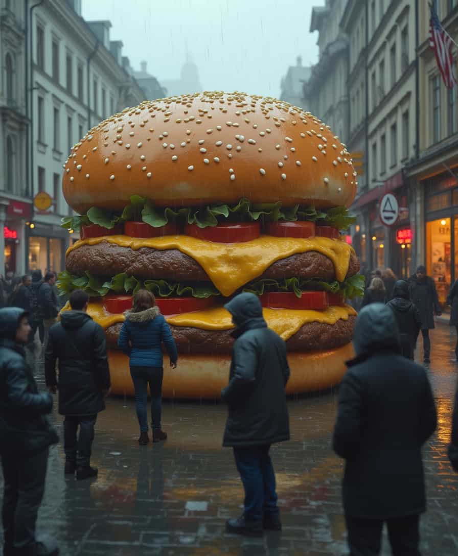 town square, rainy day, hyperrealistic, there is a huge burger in the middle of the square, photo taken on phone, people are surrounding it curiously, it is two times larger than them. the camera is a bit smudged, as if their fingerprint is on it. handheld point of view. realistic, raw. as if someone took their phone out and took a photo on the spot. doesn't need to be compositionally pleasing. moody, gloomy lighting. big burger isn't perfect either.