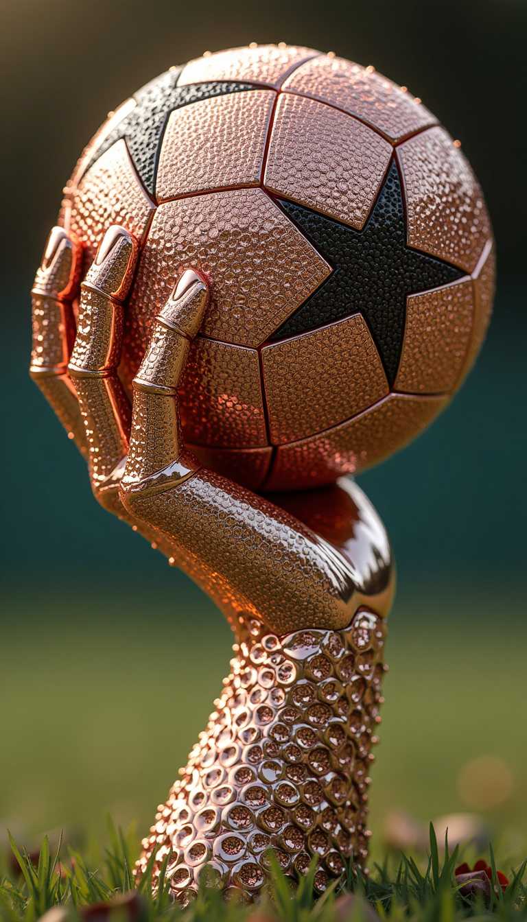 A 3D rose gold and encrusted diamonds luxurious hand holding a football