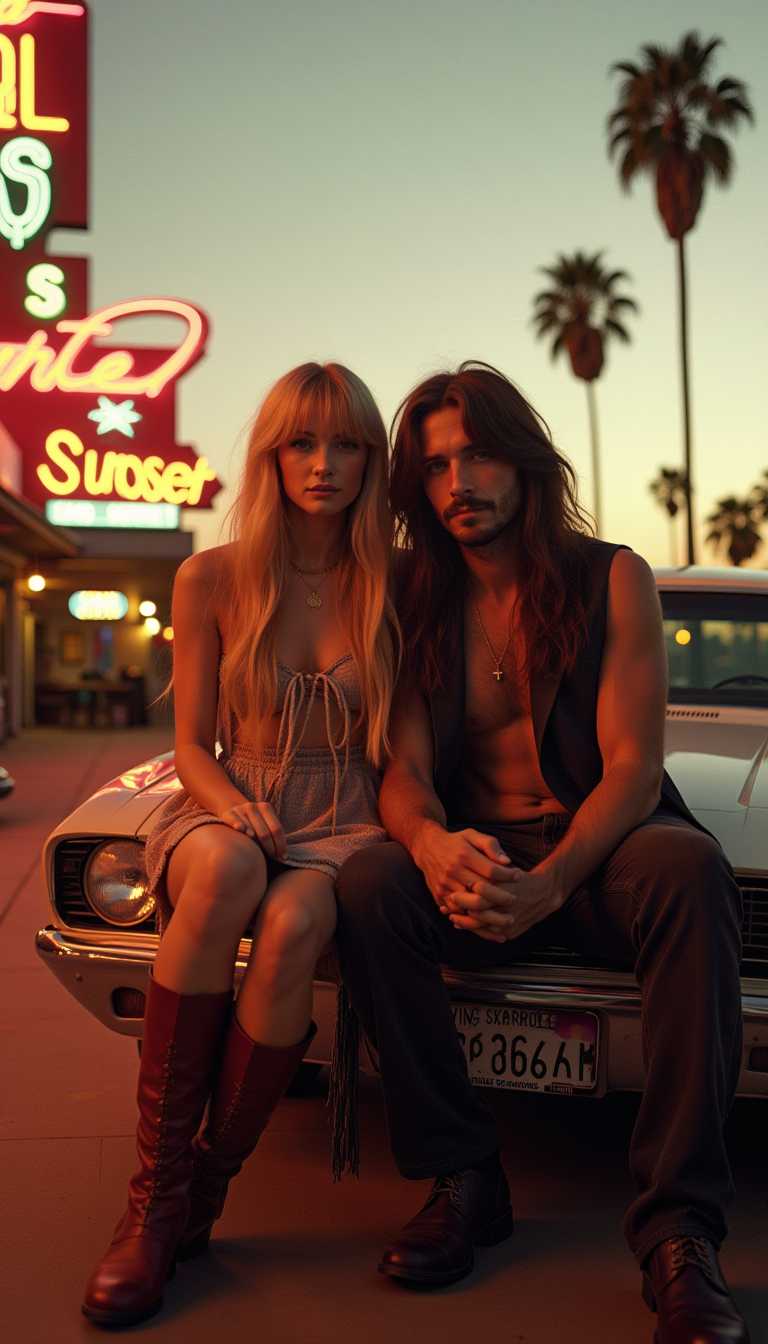 Hyper-realistic analog photo shot on film, slightly grainy. Los Angeles, the 60s, golden hour, neon lights, Sunset Strip, bars, vintage cars, rock ‘n’ roll vibe. A long-haired man in his mid-20s with his long-haired darkish blonde girlfriend with no bangs—he’s a rockstar and she’s dressed like a 60s muse in fringe, boots, and flowing fabrics. The photo gives a freedom & youth & nostalgia & rock ‘n’ roll vibe. Maybe they’re having drinks or cigarettes or joints. Palms around, maybe motorcycles or motels or liquor stores or bars.