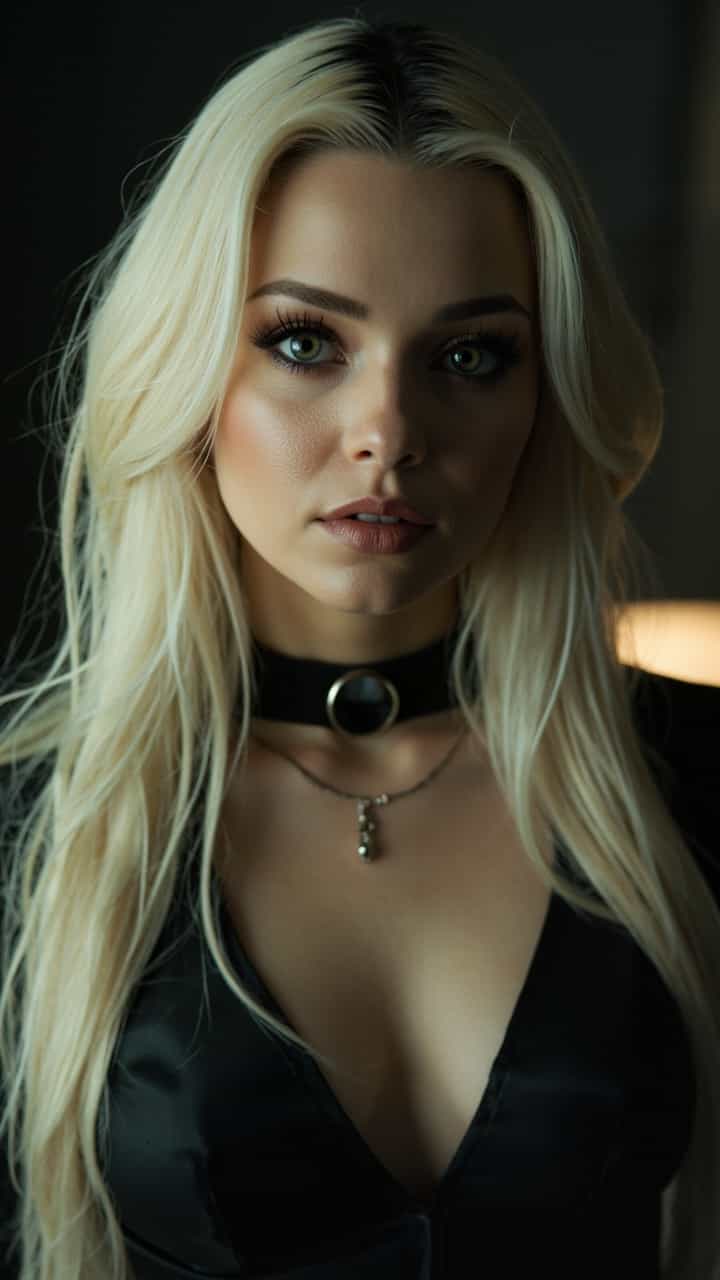 Professional realistic photo of this female character exudes an alluring and enigmatic charm. Her long, silky platinum blonde hair cascades down her shoulders, framing her delicate yet striking features. Her large, captivating eyes are emphasized by dark lashes, giving her a mesmerizing gaze that holds an air of mystery. Her full lips are slightly parted, hinting at both confidence and seduction. She wears a sleek black choker with a metallic accent, adding a rebellious, edgy touch to her otherwise elegant presence. The thin necklace with a delicate pendant rests gracefully on her collarbone, drawing attention to her smooth, flawless skin. Her outfit, form-fitting and stylish, enhances her alluring silhouette, embodying a perfect balance between sophistication and raw sensuality.