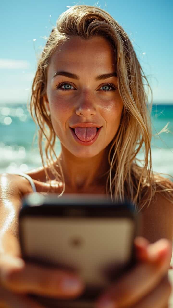 Gorgeous young woman taking a selfie at the beach, skin drenched, straight blond hair, looking at camera, she is sticking her tongue out