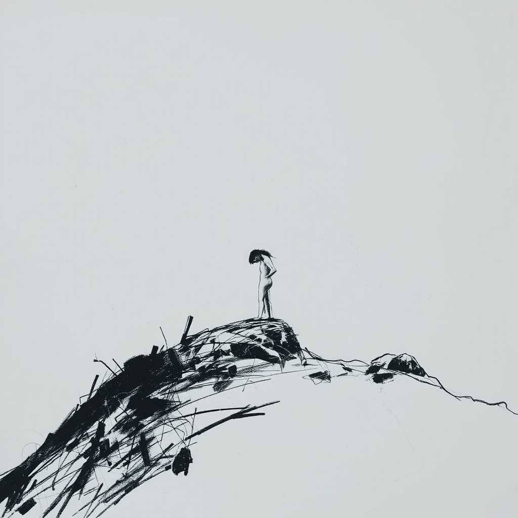artistic coquis charcoal drawing of a Naked girl on a barren rocky hillside, smudged charcoal strokes. Charcoal style