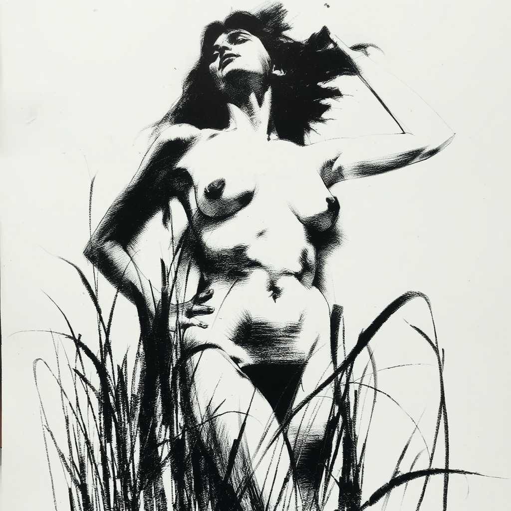 artistic coquis charcoal drawing of a Naked girl in nature, charcoal on paper, white background, charcoal shadows. Charcoal style