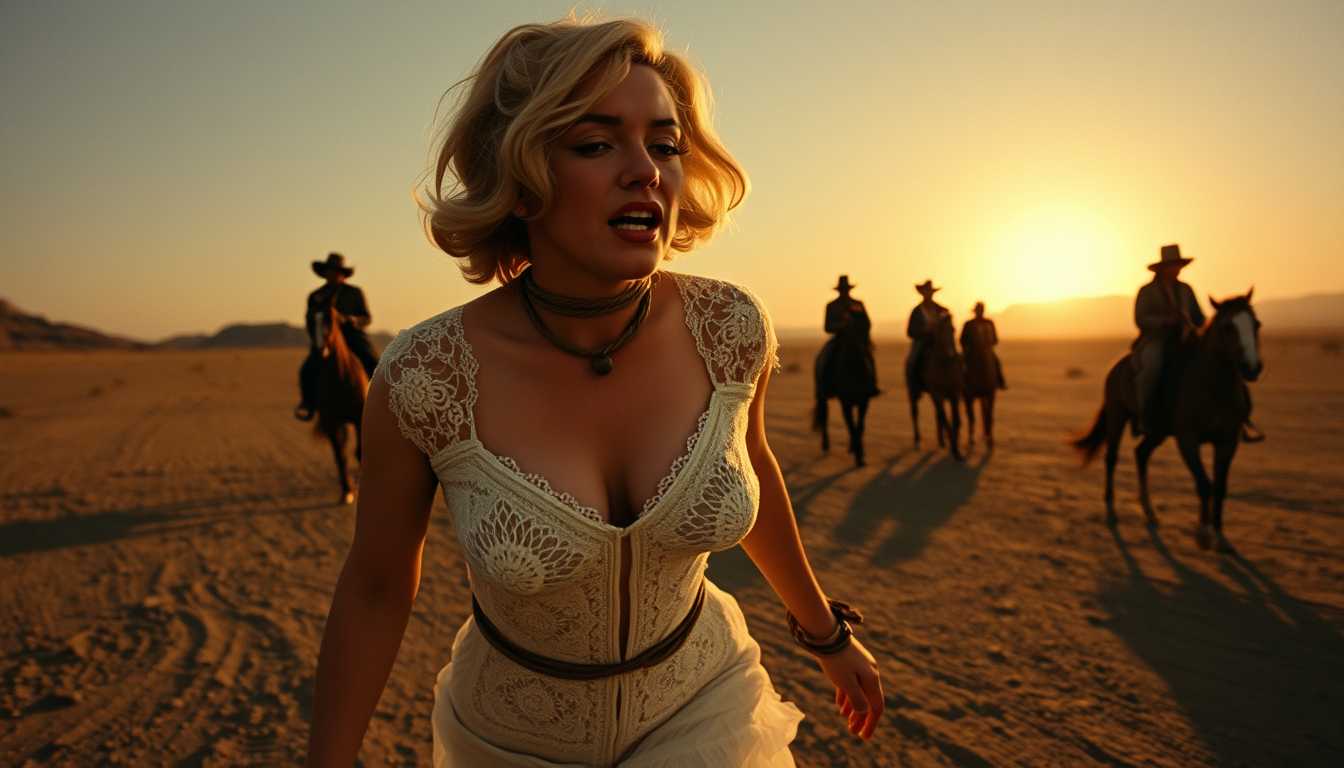 A Sergio Leone spaghetti western movie still, capturing Marilyn Monroe in a moment of cinematic despair. She staggers through the arid, sunbaked desert, her once elegant white lace dress now tattered and transparent, revealing her semi-nude form. Her wrists are tightly bound behind her back with a coarse rope, and another rope loops around her neck, symbolizing her captivity. Her face, etched with pain and desperation, reflects the harshness of her predicament. In the background, native Indians on horseback pursue her, their silhouettes framed against the setting sun, casting long shadows over the barren landscape. The scene is composed with a wide-angle lens, emphasizing the vastness of the desert and the isolation of Monroe. The lighting is harsh, with high contrast creating deep shadows that accentuate her plight. The style evokes the gritty, raw aesthetic of Leone's films, with a composition that feels both staged and natural, capturing the essence of a dramatic, high-stakes chase in the unforgiving Western frontier.