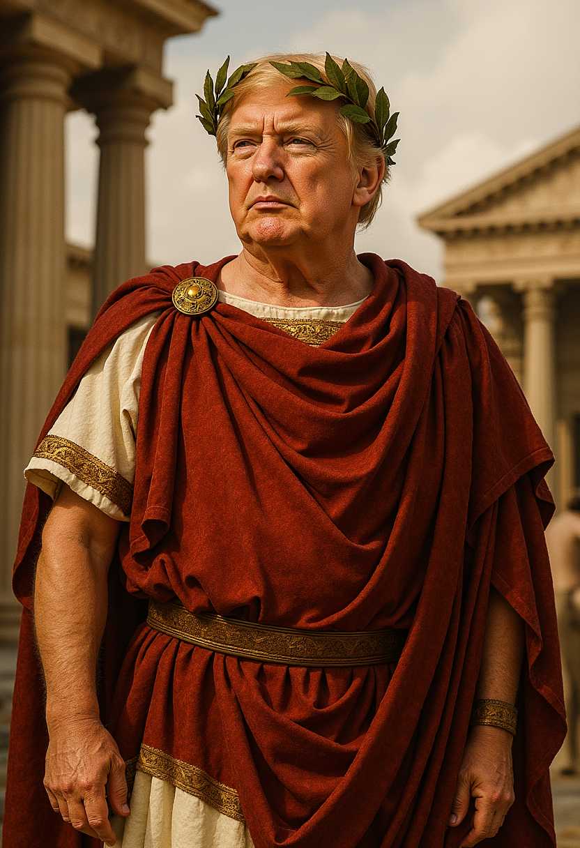 Photorealistic full body image of Donald Trump as Julius Cäsar in antique Rom with laurel wreath and ancient Roman clothing