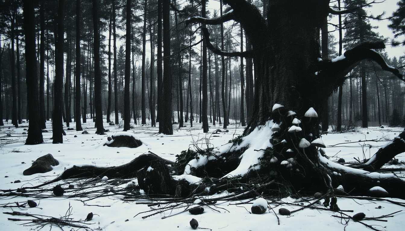 Create a highly detailed, atmospheric Charcoal style painting in the style of John Bauer, capturing a dark pine forest at twilight. The scene should be filled with sparse snow, highlighting the texture of the pine needles and the forest floor. The lighting should be dim, with soft, eerie glows from white mushrooms and the subtle reflection of moonlight on the snow.

**Visual Elements:**
- **Witch:** Portray a naked old female witch with long wild white hair and a menacing yet captivating presence. Her face is partially hidden by a hood, revealing only a sharp nose and piercing eyes. Use charcoal-like shading to add depth and a sense of foreboding.
- **Forest:** The pine trees are tall, their branches reaching out like skeletal fingers. The forest floor should be littered with pine cones, fallen needles, and patches of ivy creeping over rocks and stumps. 
- **Details:** Include a large, rotten tree with mushrooms sprouting from its decayed surface. The ground should be uneven, with slopes and scattered rocks, some moss-covered, adding to the eerie, untouched feel of the forest.
- **Textures:** Emphasize the rough bark of the trees, the smooth, cold surfaces of the rocks, the soft, crumbling texture of the stump, and the delicate, icy touch of the snow.

**Composition:**
- Use a low camera angle, looking up through the branches to give a sense of being watched or lost in the forest. The witch should be walking diagonally across the frame, her figure partially obscured by trees, creating a sense of movement and mystery.
- The forest should dominate the foreground, with the witch emerging from the shadows, creating a sense of depth and leading the viewer's eye through the scene.

**Mood and Atmosphere:**
- The atmosphere should be one of quiet, eerie beauty, with the witch's presence adding a touch of danger and the supernatural. The watercolor should be applied in a way that suggests a misty, almost dreamlike quality, enhancing the surreal and slightly unsettling mood.

**Technical Aspects:**
- Apply watercolor washes to create a hazy, ethereal background, contrasting with the sharp, detailed charcoal-like rendering of the witch and key forest elements. 
- Utilize negative space effectively to enhance the sense of isolation and the vastness of the forest.

**Style:**
- Capture the essence of John Bauer’s work with its blend of fantasy, folklore, and dark, enchanting natural settings. Emulate his use of line and color to define form while maintaining the watercolor's characteristic fluidity and transparency