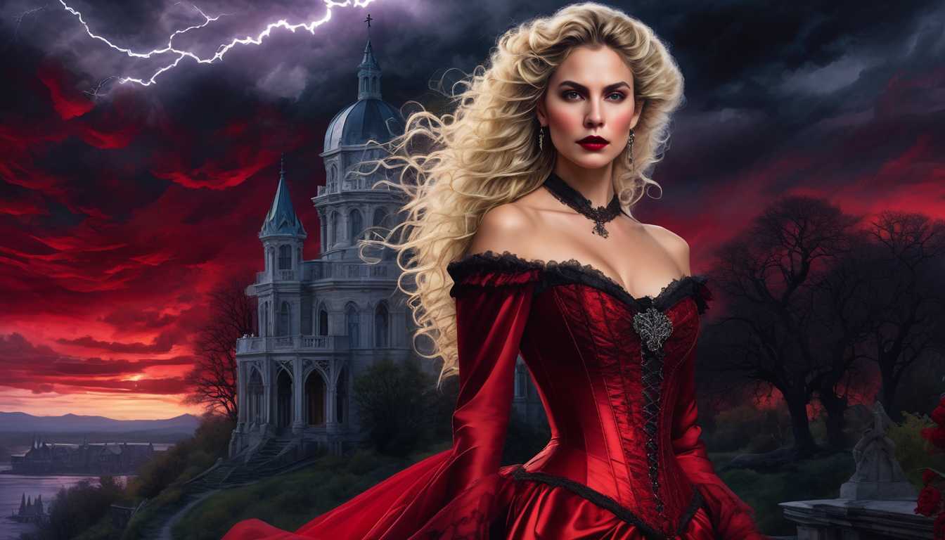 A vampire Jane Woodstocke with almond hazel eyes, olive skin, white-blonde ringlets in an updo, in a blood-red chiffon gown with whalebone corset, gothic architecture, twilight sky with lightning, dark clouds.