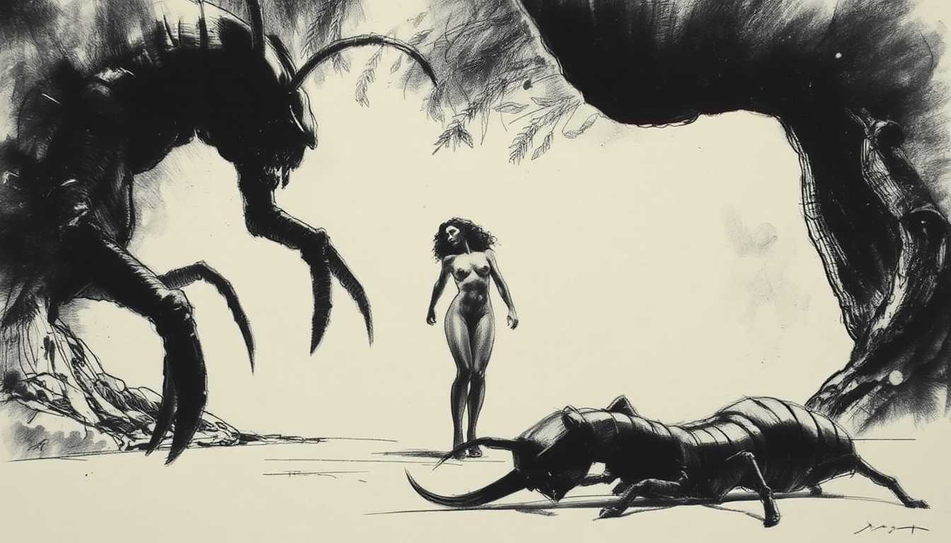 charcoal style illustration of a semi-naked stunning supermodel as a sci-fi soldier in a vintage sci-fi movie scene with a dangerous centipede space-monster, reminiscent of the bold, provocative characters from early sci-fi movies. 