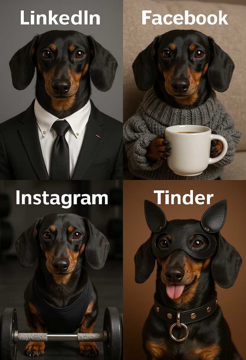 funny photo with 4 images (top left, top right, bottom left and bottom right), label each image with the platform name 
1. "LinkedIn", professional image  dog in business suite.  
2. "Facebook", dog  is just chilling in sweater drinks coffee. 3. "Instagram", dog is in gym and exercise heavy weights.
4. "Tinder", a bit kinky image (make it funny)
All pictures show the same cute dachshund