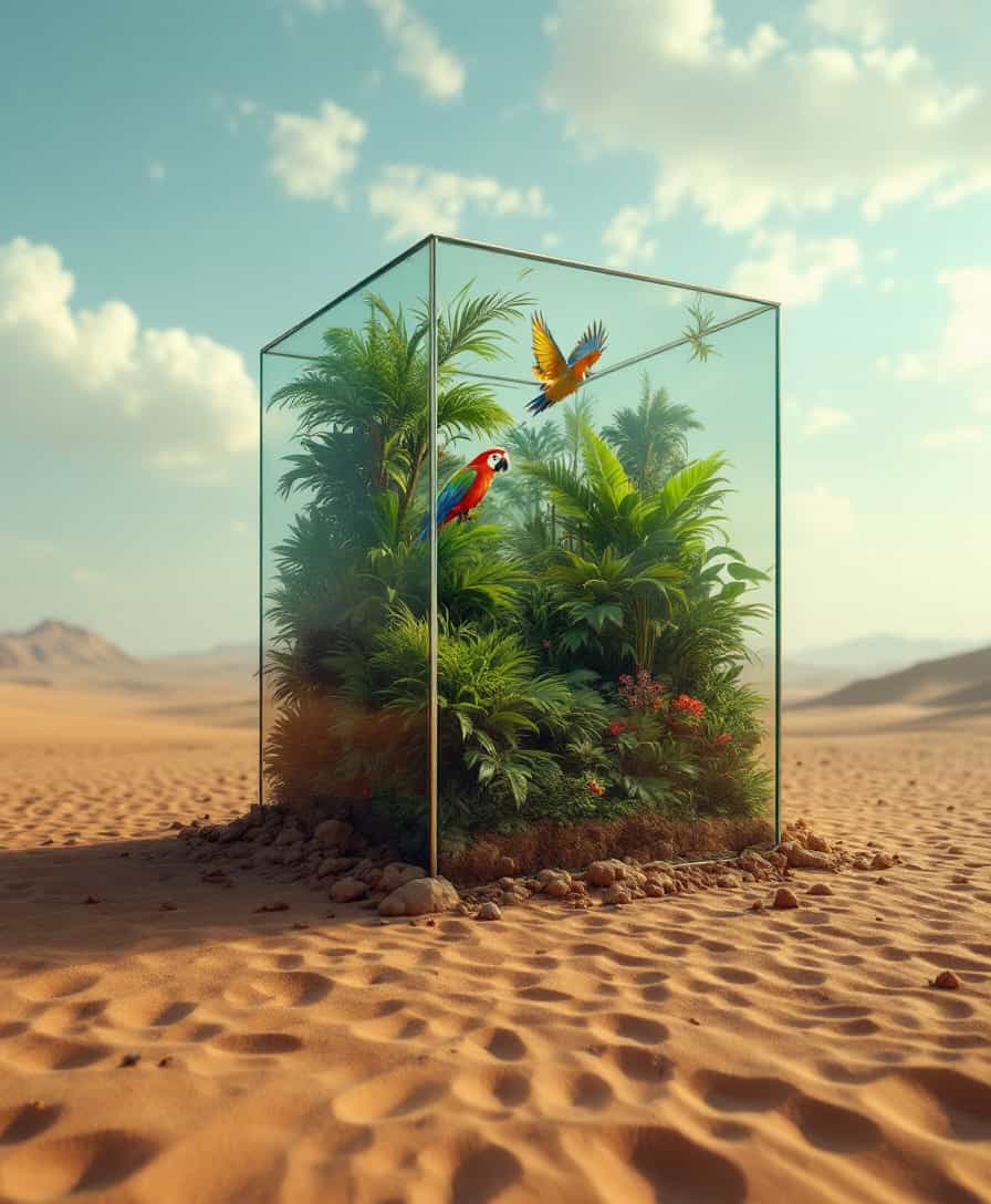 cinematic photo of a surreal scene: in the middle of the dessert stands a glass cube with tropical rain forrest inside, seeing a colorful parrot flying inside the rainforest cube