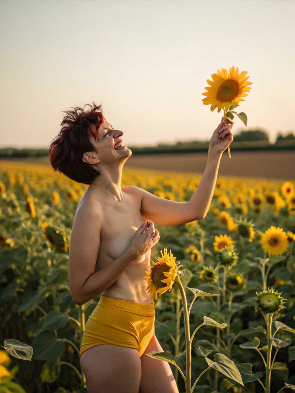 Craft a radiant, sun-kissed portrait of a woman with short dark red messy hair. She is topless. She is wearing yellow panties. She walks through a vast sunflower field, the golden petals stretching endlessly behind her under the late afternoon sun. she is holding a sunflower in her left hand. The scene is warm, joyful, and free-spirited, capturing a sense of nature’s vibrance.

Direct pose instruction: She stands amidst the tall sunflowers, one hand lightly brushing against a bloom, eyes closed, basking in the warmth of the sun. creating a glowing, dreamlike effect.