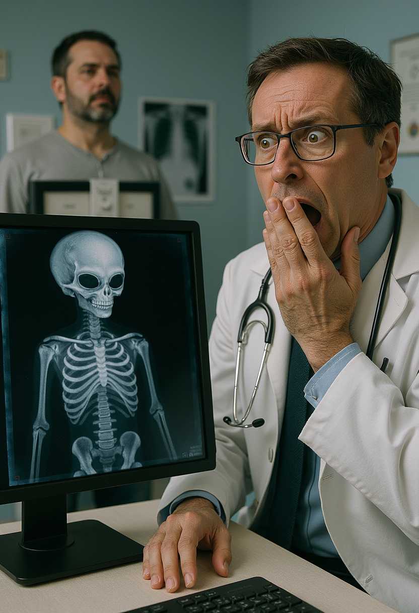 in a medical doctor's office a man get an x-ray medical examination. the computer screen of the x-ray result show's an Alien skeleton while the doctor seams to be extrem afraid