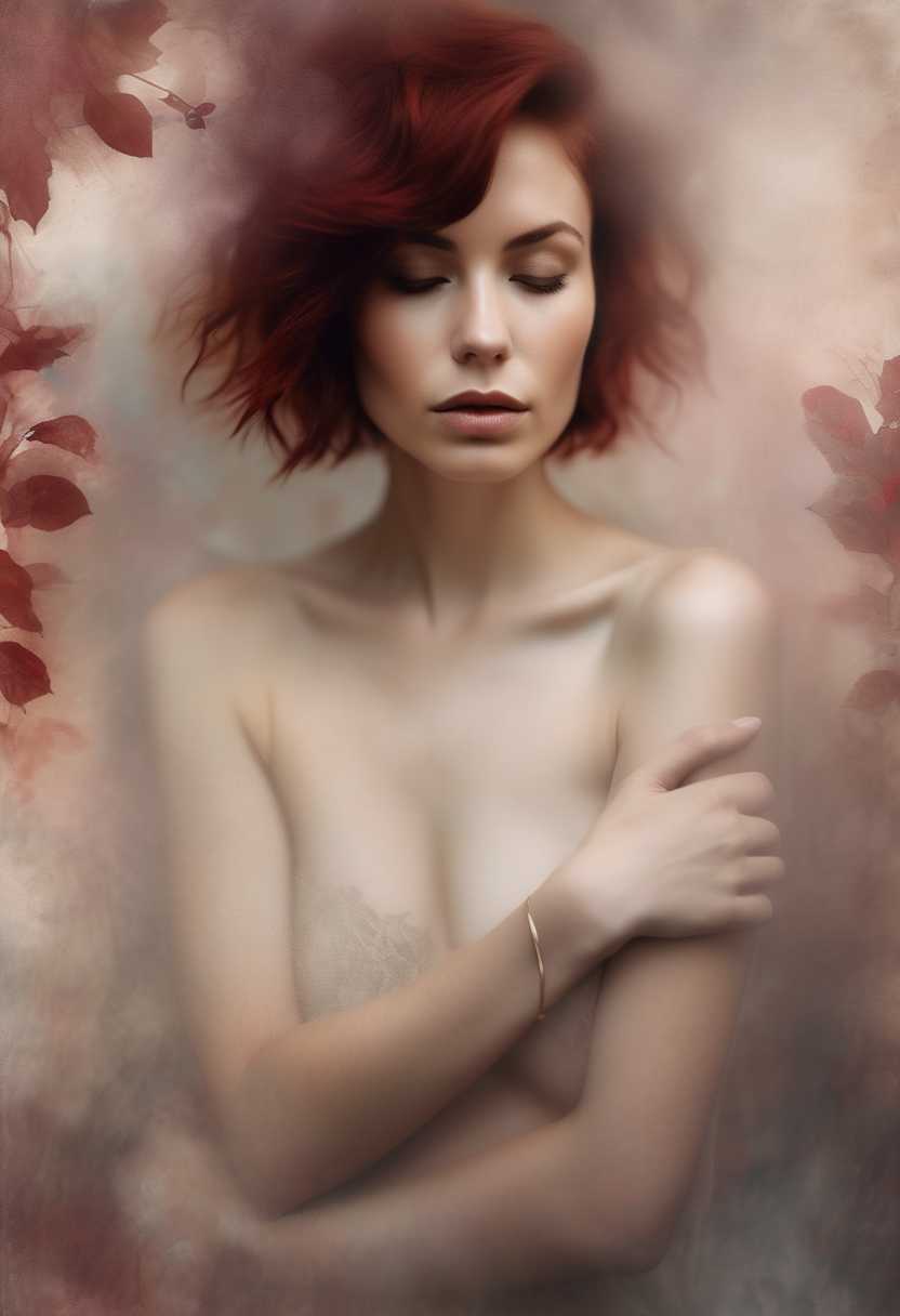 A dreamy, minimalist nude portrait of a woman with short dark red messy hair, leaning forward, arms crossed over her body, gaze partially hidden. Soft, diffused lighting highlights her natural curves. Floral background merges subtly with the subject in a stylized blur or pattern. Modern, surreal aesthetic inspired by contemporary fine art photography.