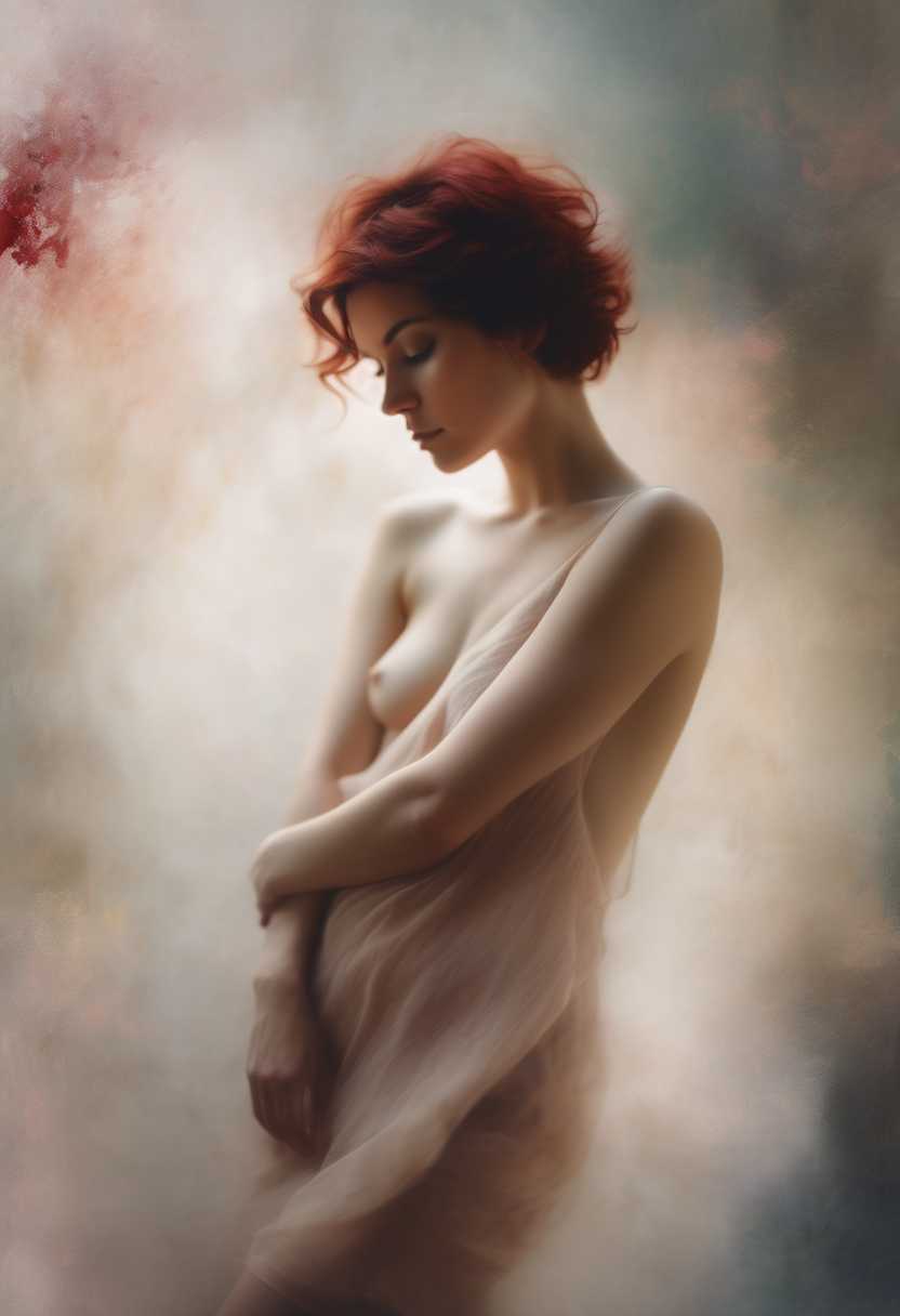 A dreamy, minimalist nude portrait of a woman with short dark red messy hair, leaning forward, arms crossed over her body, gaze partially hidden. Soft, diffused lighting highlights her natural curves. Subtle floral background merges in a stylized blur, creating a modern, surreal aesthetic inspired by contemporary fine art photography.