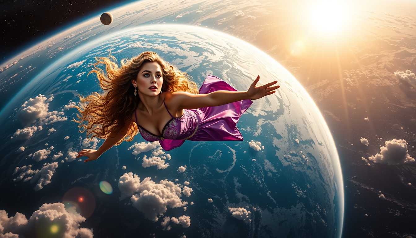 FantasyWomanLoRa, A breathtaking woman, resembling Kara del Toro, flies through space, her bright eyes gazing at the Universe, long curly hair flowing, wearing an amazing future hero dress. The scene captures a macro view of Earth, bathed in sunlight, with dynamic composition and dramatic lighting. Fantasy art style, epic realism, showcasing an award-winning, light-infused masterpiece of concept art.