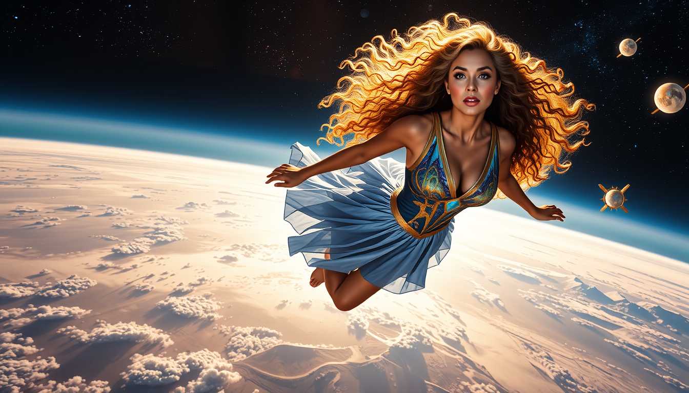FantasyWomanLoRa, A breathtaking woman, resembling Kara del Toro, flies through space, her bright eyes gazing at the Universe, long curly hair flowing, wearing an amazing future hero dress. The scene captures a macro view of Earth, bathed in sunlight, with dynamic composition and dramatic lighting. Fantasy art style, epic realism, showcasing an award-winning, light-infused masterpiece of concept art.