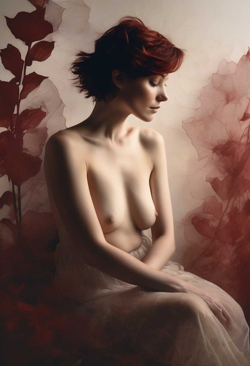 A minimalist, artistic nude portrait of a woman with short dark red messy hair, seated and slightly turned away, one hand delicately on her shoulder, head tilted down, lost in thought. Soft, directional lighting casts intricate floral shadows across her skin, evoking serenity and intimacy. The background blends abstract botanical textures with translucent petals. The mood is ethereal, dreamy, with a modern fine art
