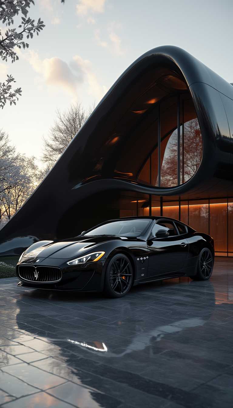 A wide front facade view, shot of a black luxury ,Luxury black house , curved t-spline angles, glass panel designed by Zaha Hadid, Black Maserati in front, natural light during the day,, resulting in ultra-realistic photography, luxury , clean